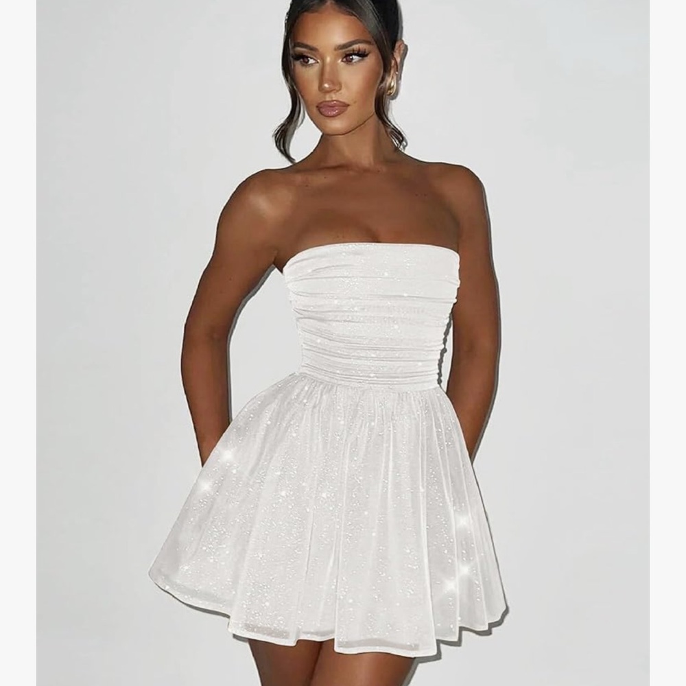 Elegant Strapless White Glitter Dress Mini Dress Short Dresses